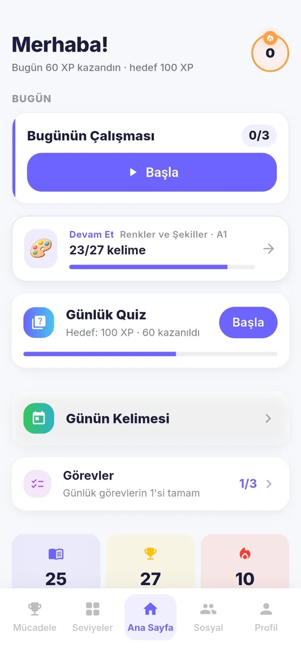 Worvento ana ekranı — bugünün çalışması, günlük quiz, günün kelimesi ve görevler