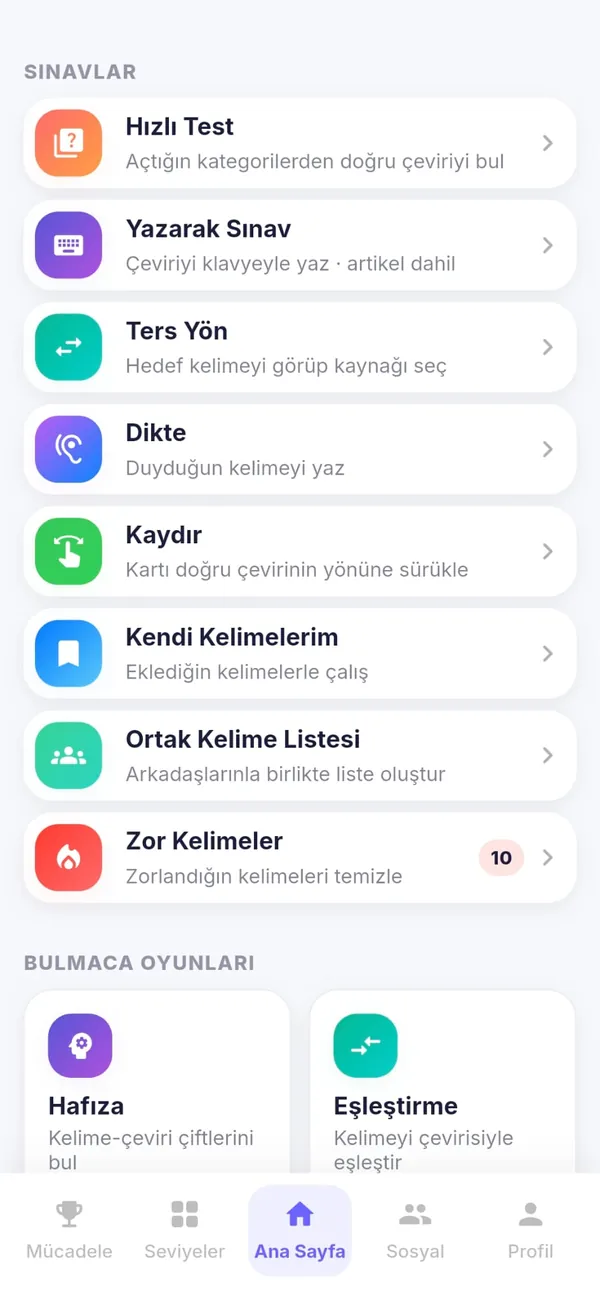 Worvento sınav listesi — hızlı test, yazarak sınav, ters yön, dikte, kaydır ve bulmaca oyunları