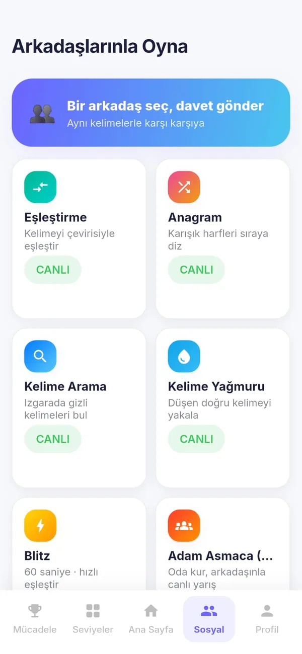Worvento arkadaşlarınla oyna ekranı — canlı eşleştirme, anagram, kelime arama ve blitz oyunları