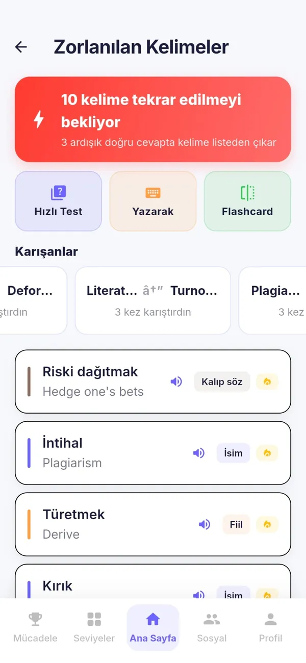 Worvento zorlanılan kelimeler ekranı — tekrar bekleyen kelimeler ve birbirine karıştırılan çiftler